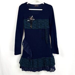 JOHN FASHION LADIES XL WOOL BLEND NAVY BLUE LACE RUFFLED TUNIC DRESS LONG SLEEVE